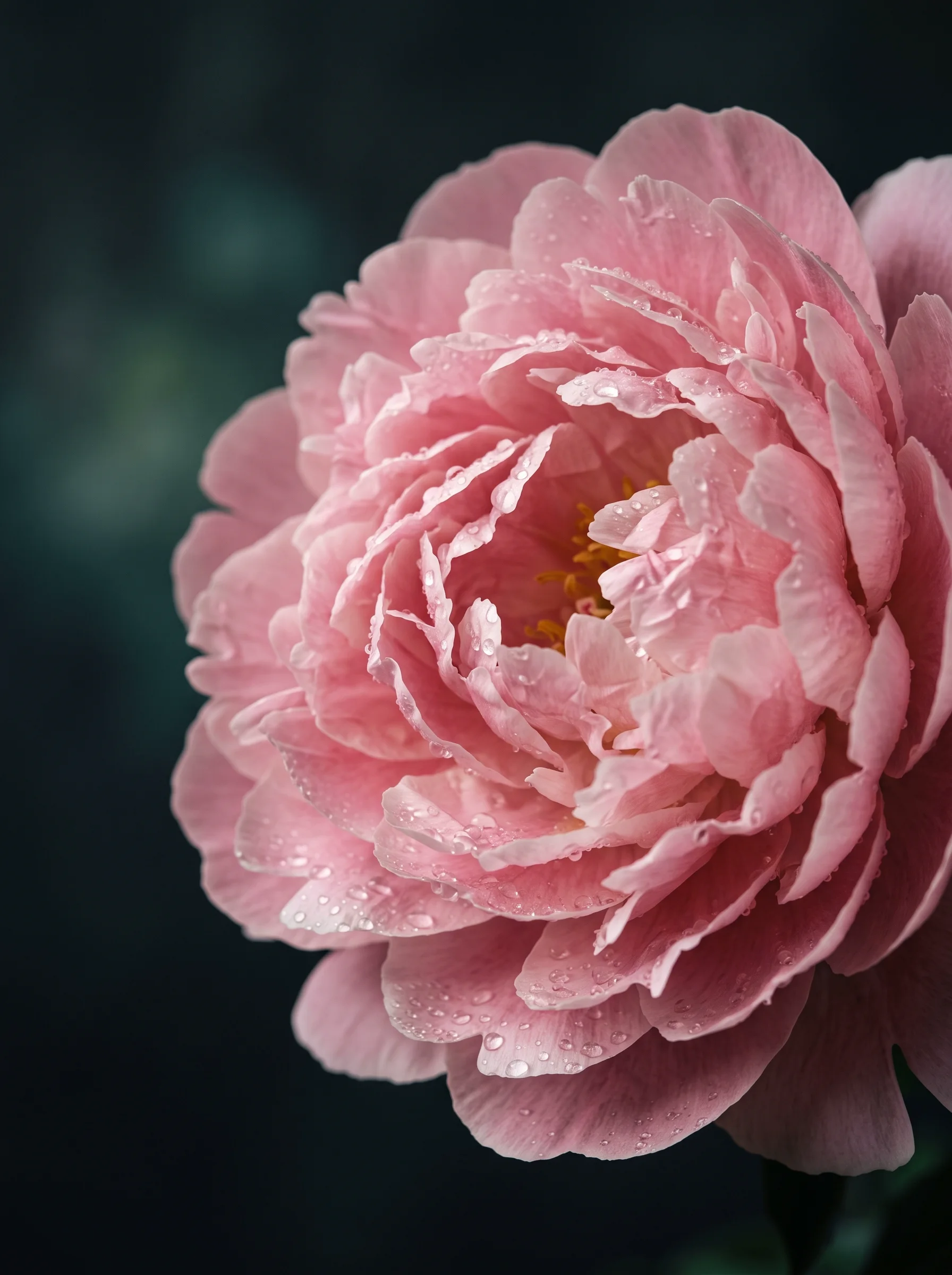 Close-up of a soft pink peony with layered petals and dew