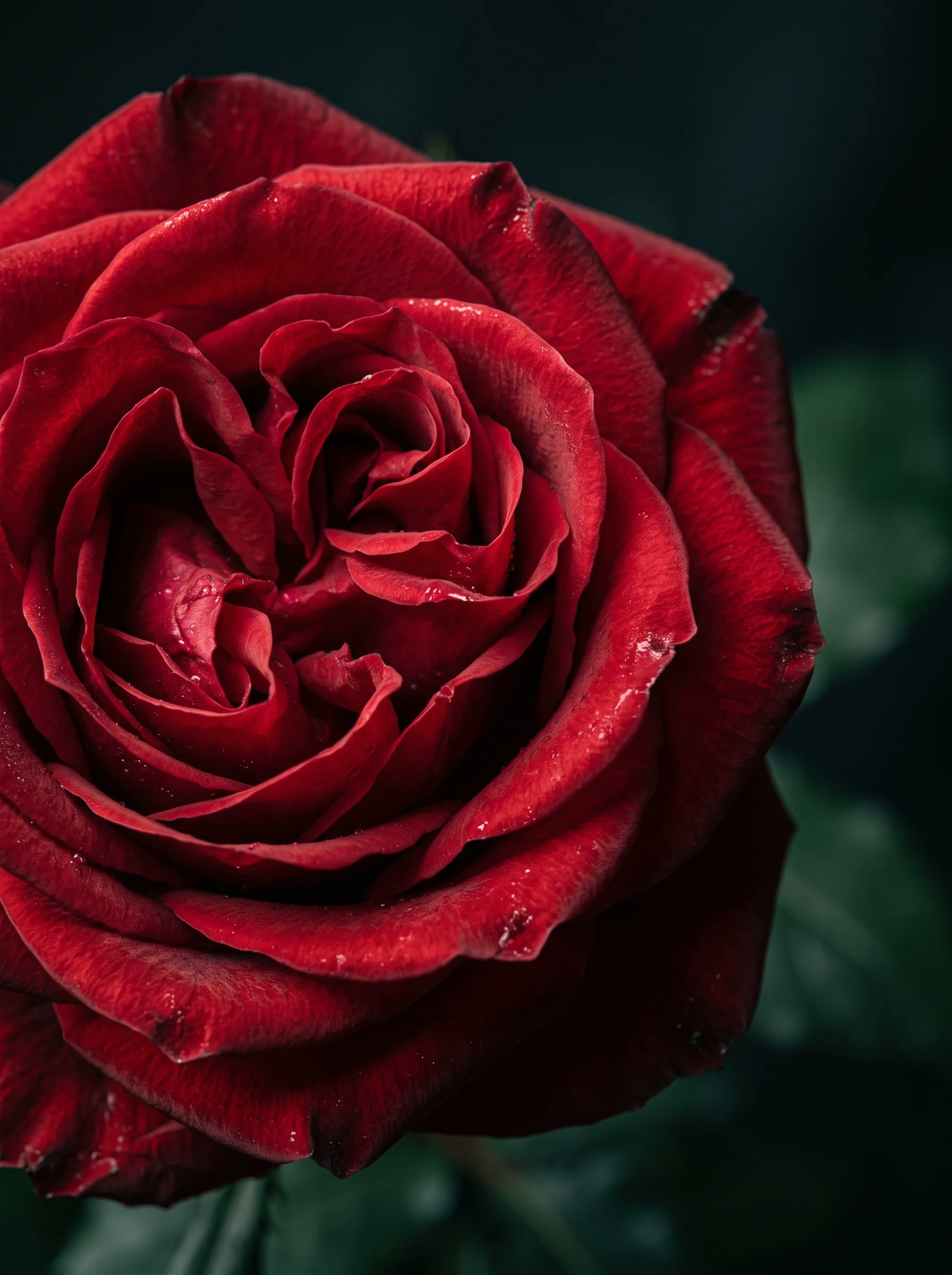 Close-up of a deep red rose in bloom, dewdrops on its petals