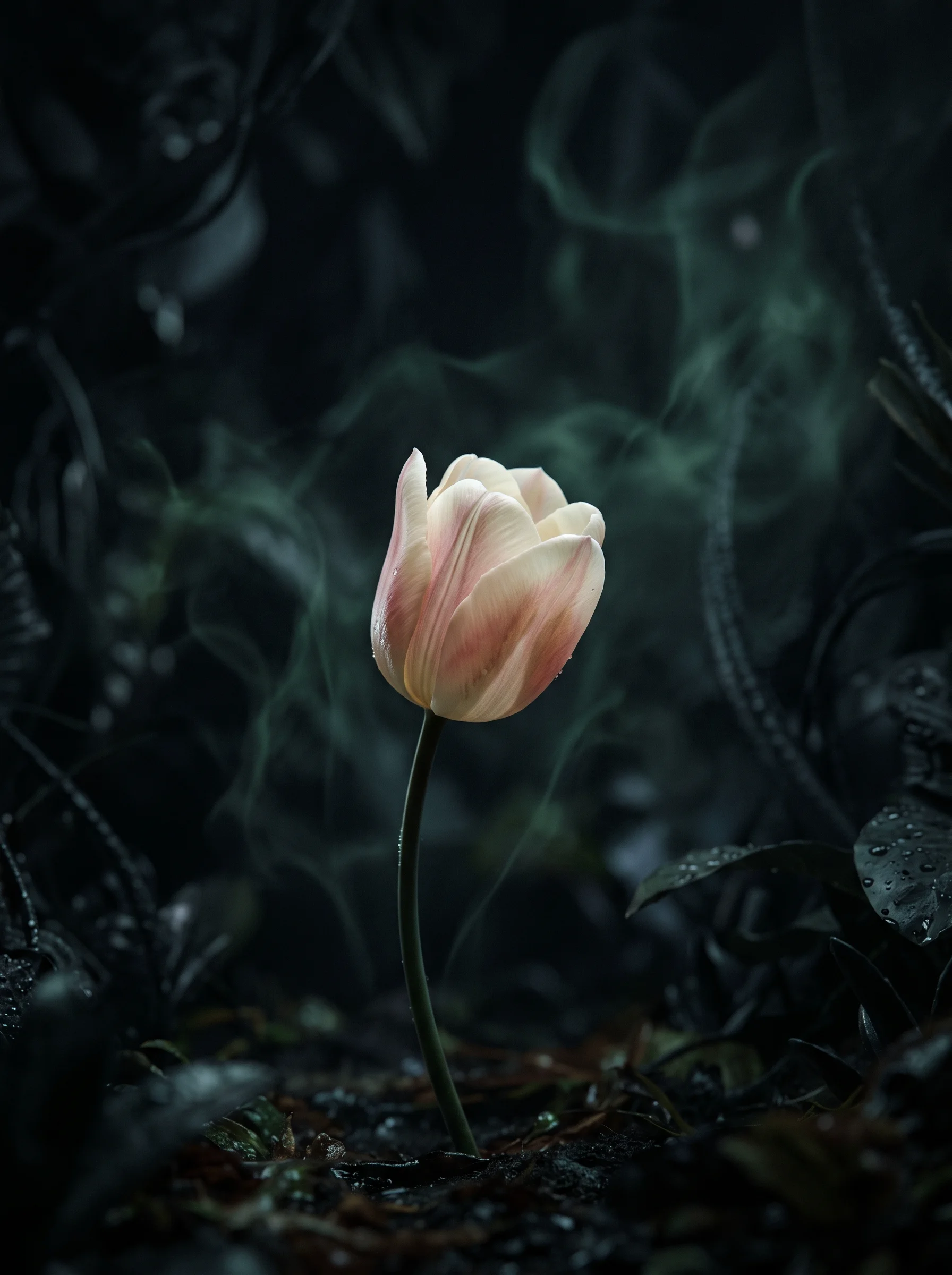 A pale blush tulip glowing softly in a dark botanical setting