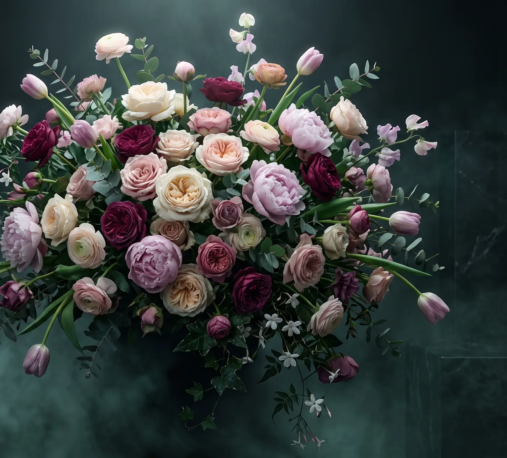 An immersive luxury bouquet of roses, peonies and tulips
