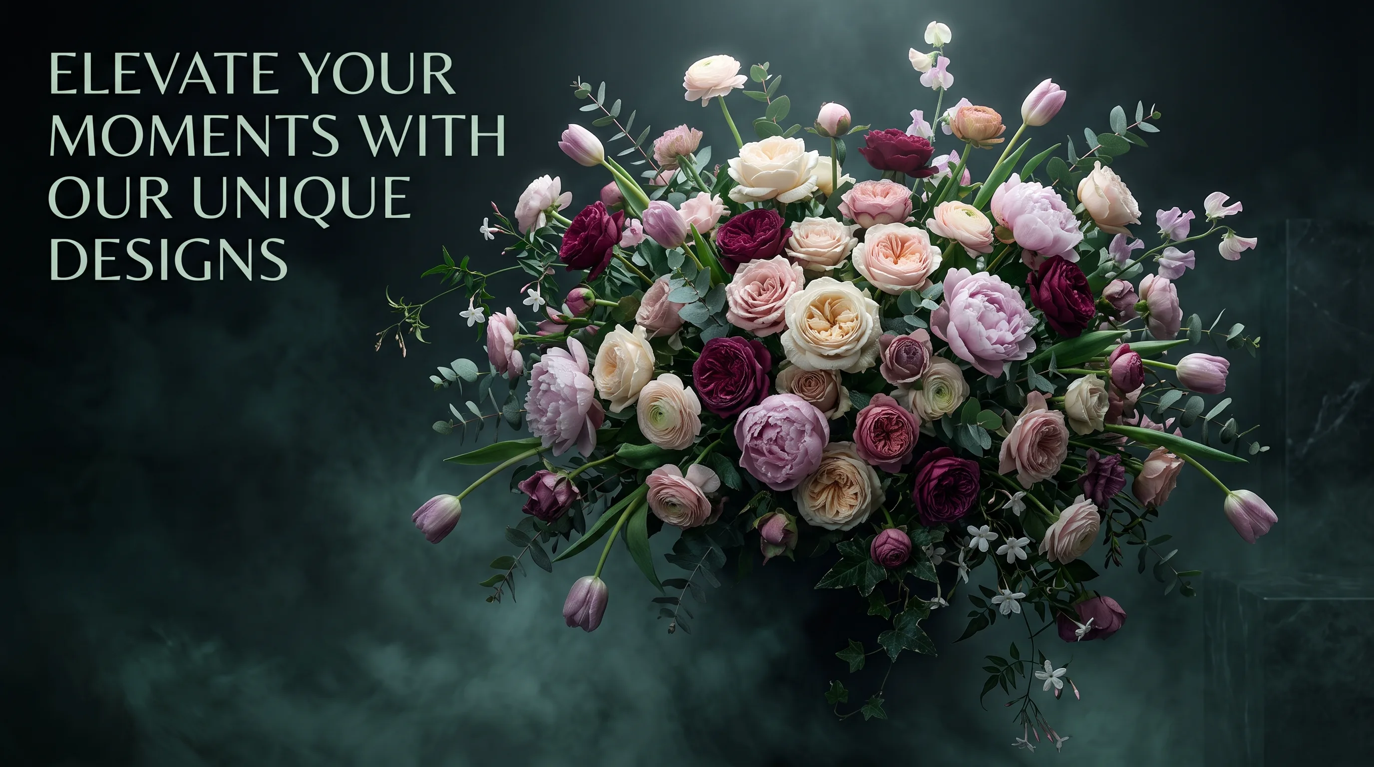 An immersive luxury bouquet of roses, peonies and tulips emerging from darkness