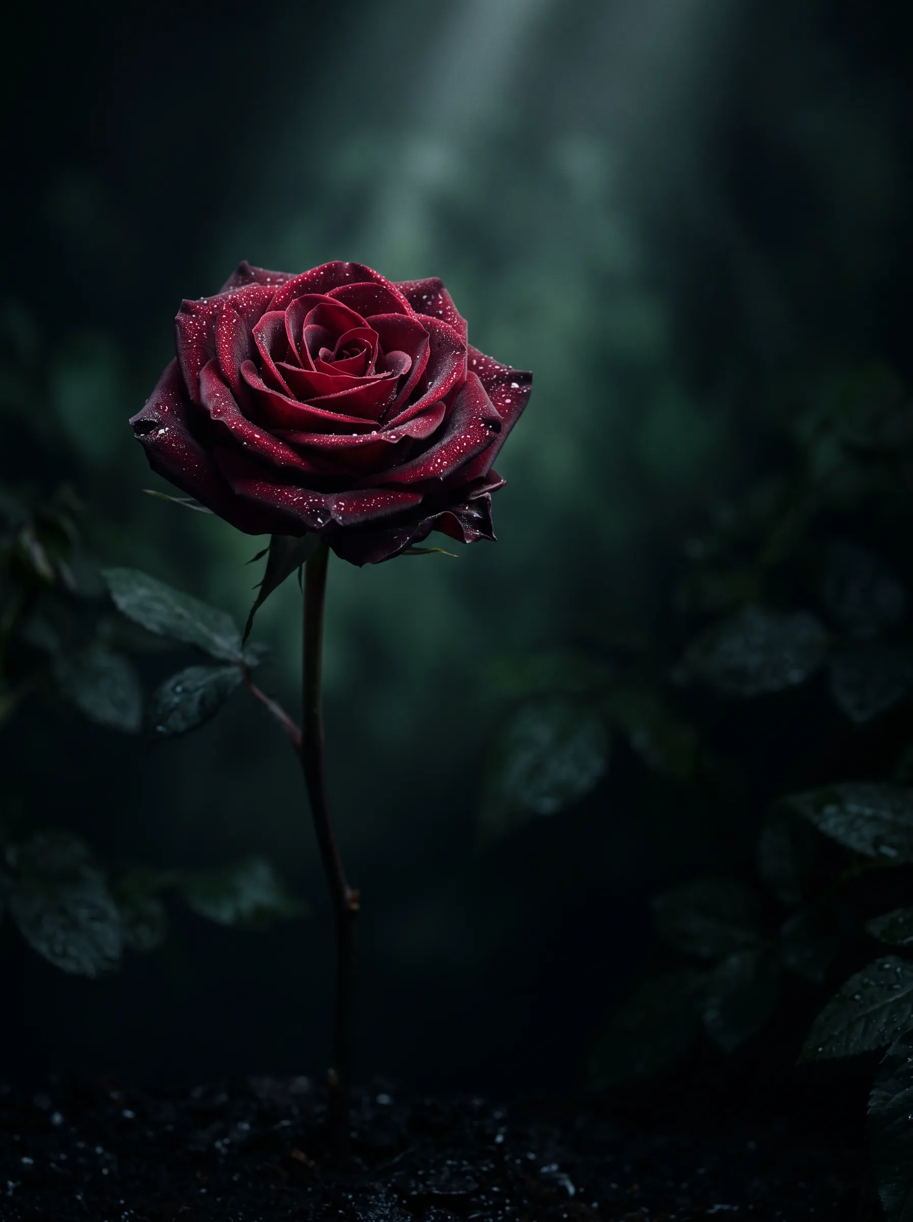 A single blush tulip standing alone in a darkened botanical scene, catching soft light